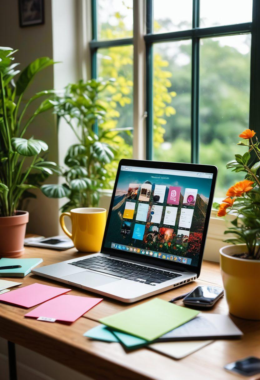 A creative workspace filled with blogging materials: a laptop open to a lifestyle blog, colorful sticky notes on a corkboard, a cup of coffee, and plants for ambiance, all set by a window with sunshine streaming in. Include elements of social media icons subtly integrated into the background, representing digital engagement. The overall feel should be vibrant and inspiring. super-realistic. vibrant colors. bright airy background.