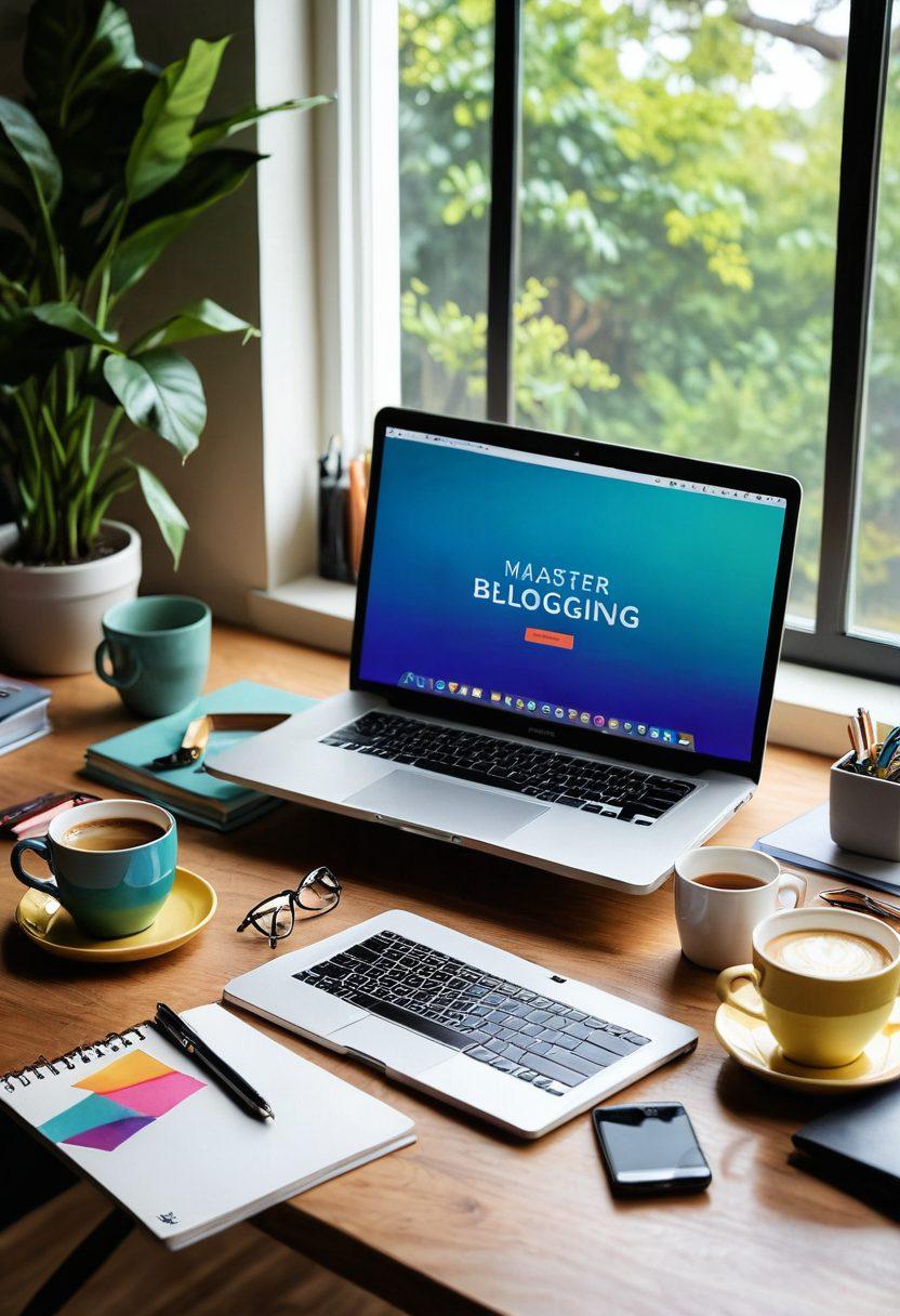 An open laptop on a stylish desk, surrounded by colorful notepads and coffee cups, symbolizing creativity and productivity. A whimsical clock on the wall shows time flying by, representing the modern fast-paced lifestyle. Overlay text reads 'Mastering the Art of Blogging' in a modern font. Soft natural light streaming through a window, casting a warm glow. super-realistic. vibrant colors. cozy atmosphere.